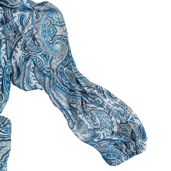 White House Black Market Blue Paisley Split Sleeve Tie Neck Shirred Waist Dress - Picture 6 of 9